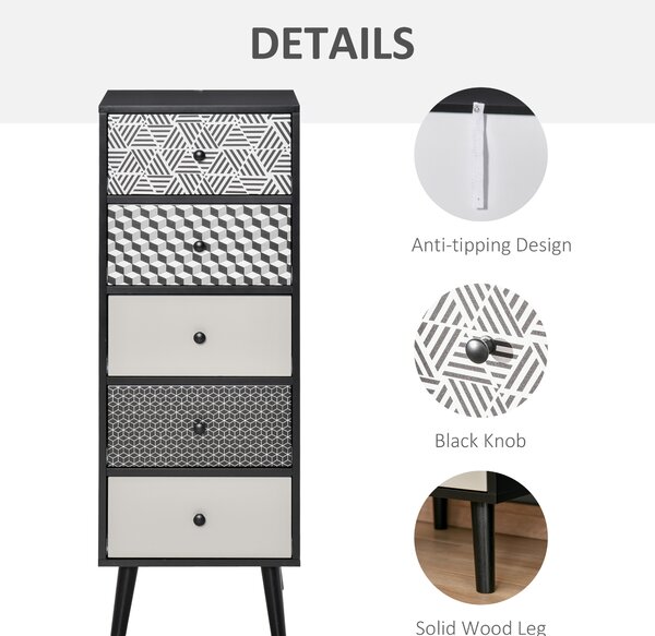 HOMCOM Mobila Comoda cu 5 sertare Fantezie Geometrica, Mobilier modern pentru camera și hol, dimensiune 39.5x39.5x110 cm culoare Negru Gri
