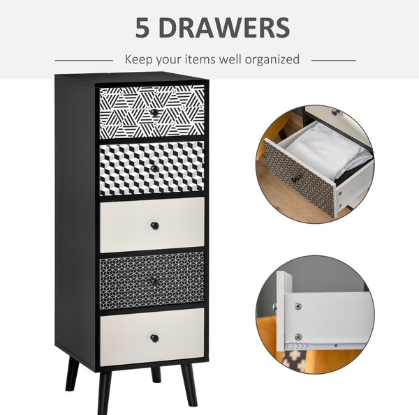 HOMCOM Mobila Comoda cu 5 sertare Fantezie Geometrica, Mobilier modern pentru camera și hol, dimensiune 39.5x39.5x110 cm culoare Negru Gri