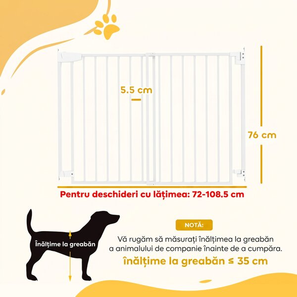 PawHut Poartă de Siguranță Extensibilă pentru Câini 72-108,5x76 cm, cu Închidere Automată, Deschidere cu O Mână, Albă | Aosom Romania