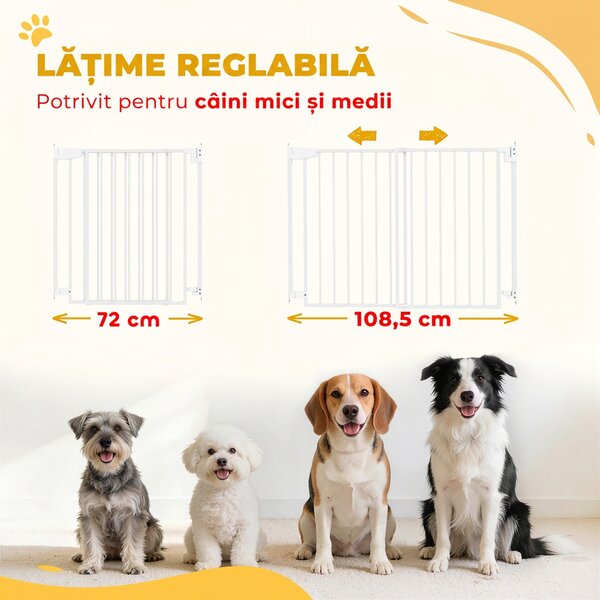 PawHut Poartă de Siguranță Extensibilă pentru Câini 72-108,5x76 cm, cu Închidere Automată, Deschidere cu O Mână, Albă | Aosom Romania
