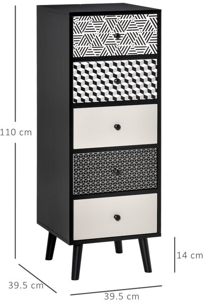HOMCOM Mobila Comoda cu 5 sertare Fantezie Geometrica, Mobilier modern pentru camera și hol, dimensiune 39.5x39.5x110 cm culoare Negru Gri