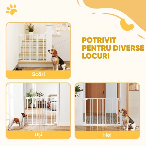 PawHut Poartă de Siguranță Extensibilă pentru Câini 72-108,5x76 cm, cu Închidere Automată, Deschidere cu O Mână, Albă | Aosom Romania