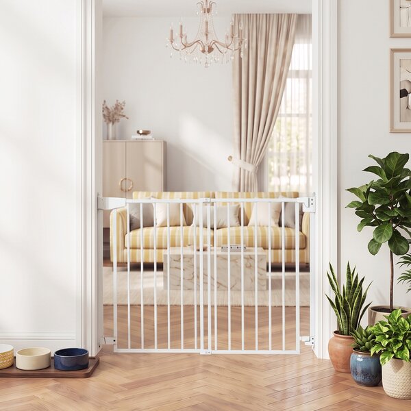 PawHut Poartă de Siguranță Extensibilă pentru Câini 72-108,5x76 cm, cu Închidere Automată, Deschidere cu O Mână, Albă | Aosom Romania