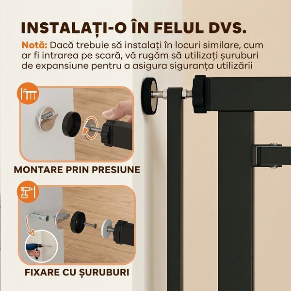 PawHut Poartă de Siguranță Extensibilă pentru Câini, Înălțime 112-200 cm, Distanță Îngustă între Bare 3,5 cm, pentru Scări și Uși, Negru | Aosom Romania