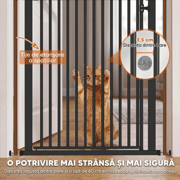 PawHut Poartă de Siguranță Extensibilă pentru Câini, Înălțime 112-200 cm, Distanță Îngustă între Bare 3,5 cm, pentru Scări și Uși, Negru | Aosom Romania