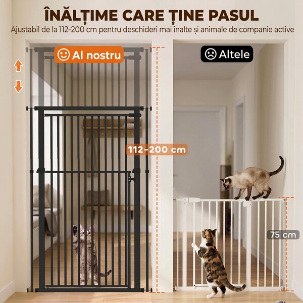 PawHut Poartă de Siguranță Extensibilă pentru Câini, Înălțime 112-200 cm, Distanță Îngustă între Bare 3,5 cm, pentru Scări și Uși, Negru | Aosom Romania