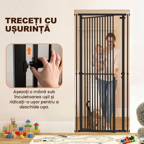 PawHut Poartă de Siguranță Extensibilă pentru Câini, Înălțime 112-200 cm, Distanță Îngustă între Bare 3,5 cm, pentru Scări și Uși, Negru | Aosom Romania