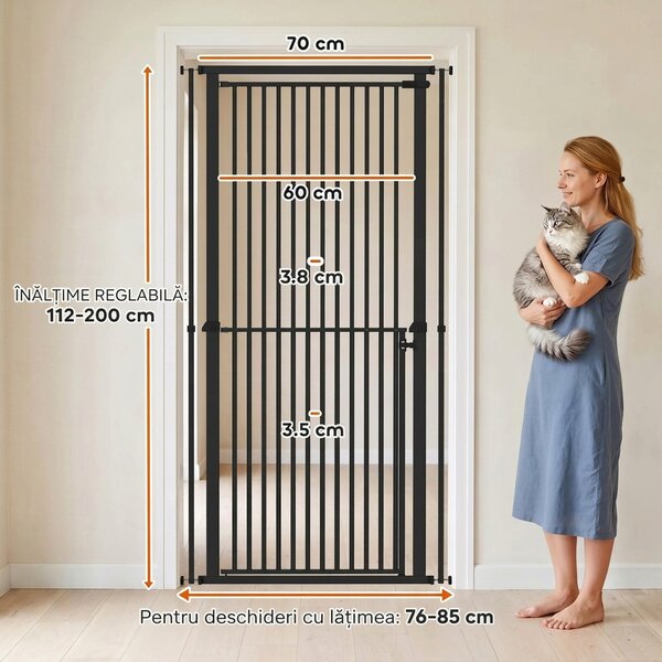 PawHut Poartă de Siguranță Extensibilă pentru Câini, Înălțime 112-200 cm, Distanță Îngustă între Bare 3,5 cm, pentru Scări și Uși, Negru | Aosom Romania
