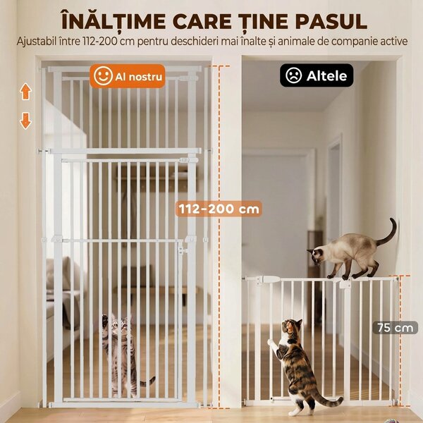 PawHut Barieră de Siguranță Extensibilă pentru Câini, Înălțime 112-200 cm, Spațiu Îngust 3,5 cm, pentru Scări și Uși, Alb | Aosom Romania