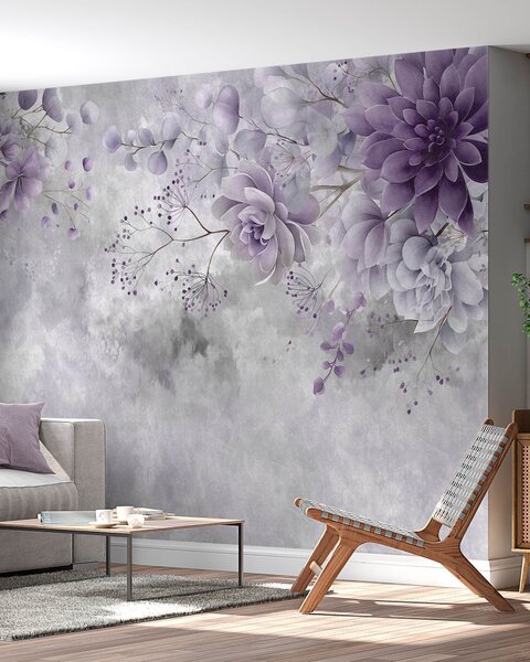 Tapet O imagine de sus în jos a unor flori fantastice în stil retro, în nuanțe de violet, Fototapet Acuarelă, w05753v2 : Uwalls.ro