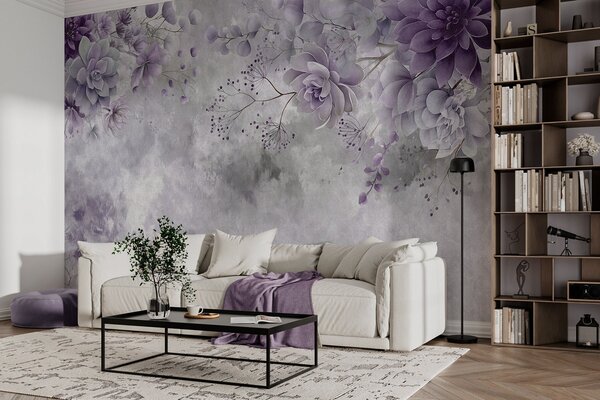 Tapet O imagine de sus în jos a unor flori fantastice în stil retro, în nuanțe de violet, Fototapet Acuarelă, w05753v2 : Uwalls.ro