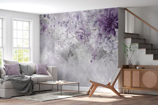 Tapet O imagine de sus în jos a unor flori fantastice în stil retro, în nuanțe de violet, Fototapet Acuarelă, w05753v2 : Uwalls.ro