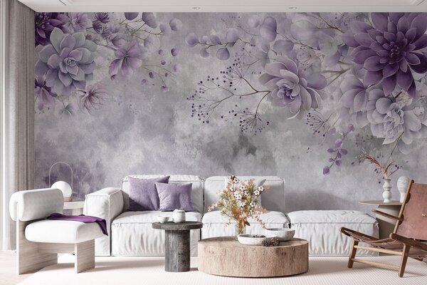 Tapet O imagine de sus în jos a unor flori fantastice în stil retro, în nuanțe de violet, Fototapet Acuarelă, w05753v2 : Uwalls.ro