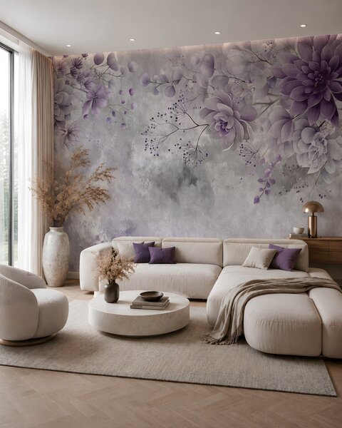 Tapet O imagine de sus în jos a unor flori fantastice în stil retro, în nuanțe de violet, Fototapet Acuarelă, w05753v2 : Uwalls.ro