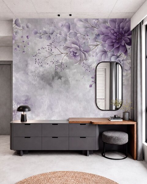 Tapet O imagine de sus în jos a unor flori fantastice în stil retro, în nuanțe de violet, Fototapet Acuarelă, w05753v2 : Uwalls.ro