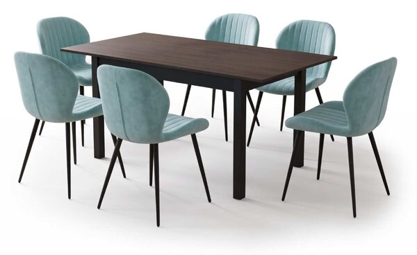 Set Masă Extensibilă Mara Wenge 130–170 × 75 cm cu 6 Scaune Opal Verde Fistic, Material Textil Catifelat, Picioare Metalice Negre