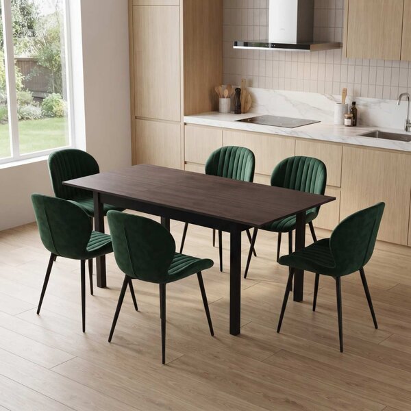 Set Masă Extensibilă Mara Wenge 130–170 × 75 cm cu 6 Scaune Opal Verde, Material Textil Catifelat, Picioare Metalice Negre