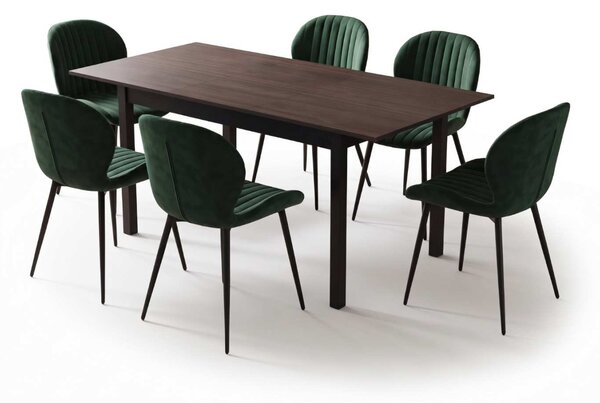 Set Masă Extensibilă Mara Wenge 130–170 × 75 cm cu 6 Scaune Opal Verde, Material Textil Catifelat, Picioare Metalice Negre