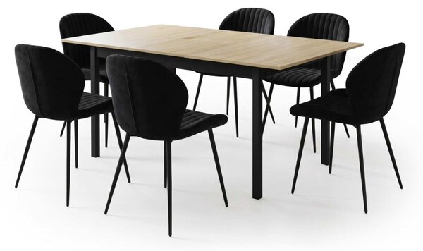 Set Masă Extensibilă Mara Stejar 130–170 × 75 cm cu 6 Scaune Opal Negru, Material Textil Catifelat, Picioare Metalice Negre