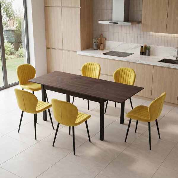 Set Masă Extensibilă Mara Wenge 130–170 × 75 cm cu 6 Scaune Opal Galben, Material Textil Catifelat, Picioare Metalice Negre