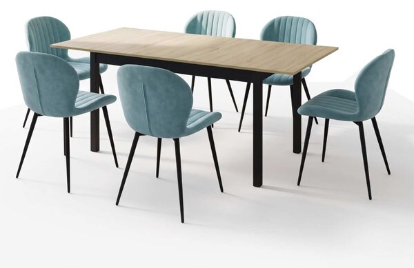 Set Masă Extensibilă Mara Stejar 130–170 × 75 cm cu 6 Scaune Opal Verde Fistic, Material Textil Catifelat, Picioare Metalice Negre