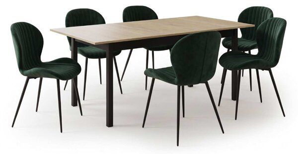 Set Masă Extensibilă Mara Stejar 130–170 × 75 cm cu 6 Scaune Opal Verde, Material Textil Catifelat, Picioare Metalice Negre