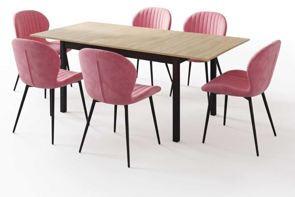 Set Masă Extensibilă Mara Stejar 130–170 × 75 cm cu 6 Scaune Opal Roz, Material Textil Catifelat, Picioare Metalice Negre
