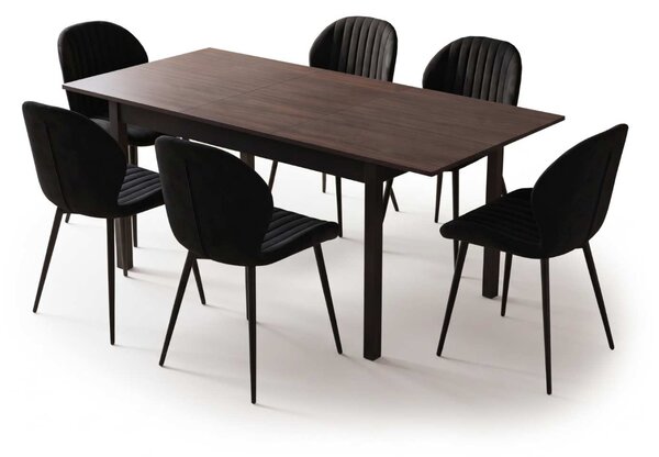Set Masă Extensibilă Mara Wenge 130–170 × 75 cm cu 6 Scaune Opal Negru, Material Textil Catifelat, Picioare Metalice Negre