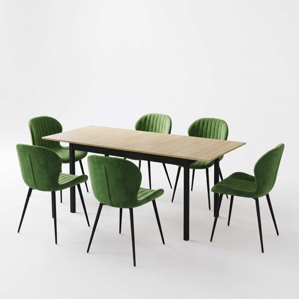 Set Masă Extensibilă Mara Stejar 130–170 × 75 cm cu 6 Scaune Opal Olive, Material Textil Catifelat, Picioare Metalice Negre