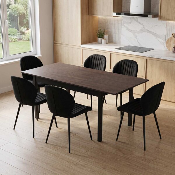 Set Masă Extensibilă Mara Wenge 130–170 × 75 cm cu 6 Scaune Opal Negru, Material Textil Catifelat, Picioare Metalice Negre