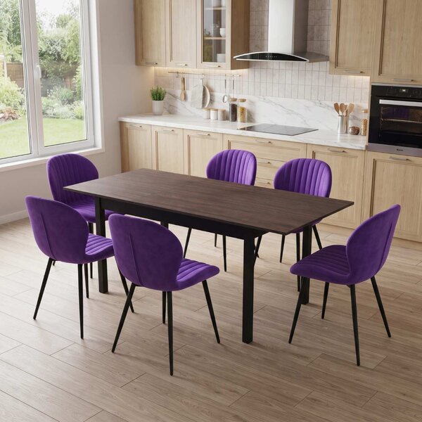 Set Masă Extensibilă Mara Wenge 130–170 × 75 cm cu 6 Scaune Opal Mov, Material Textil Catifelat, Picioare Metalice Negre