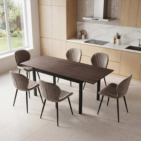 Set Masă Extensibilă Mara Wenge 130–170 × 75 cm cu 6 Scaune Opal Cappuccino Închis, Material Textil Catifelat, Picioare Metalice Negre