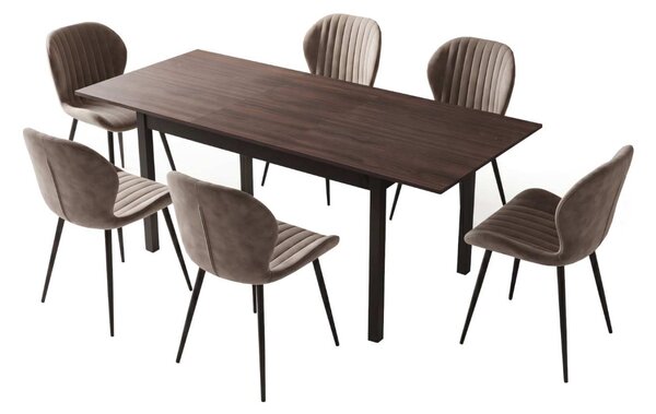 Set Masă Extensibilă Mara Wenge 130–170 × 75 cm cu 6 Scaune Opal Cappuccino Închis, Material Textil Catifelat, Picioare Metalice Negre
