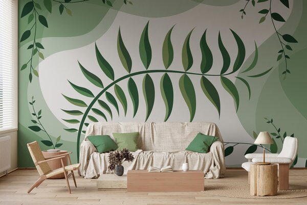 Tapet O frunză de ferigă curbată, în nuanțe de verde, Imagini de fundal unice, w05756 : Uwalls.ro