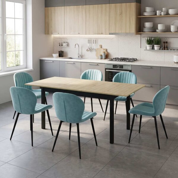 Set Masă Extensibilă Mara Stejar 130–170 × 75 cm cu 6 Scaune Opal Verde Fistic, Material Textil Catifelat, Picioare Metalice Negre