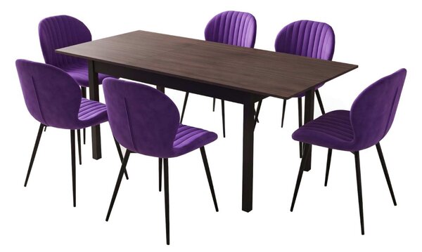 Set Masă Extensibilă Mara Wenge 130–170 × 75 cm cu 6 Scaune Opal Mov, Material Textil Catifelat, Picioare Metalice Negre