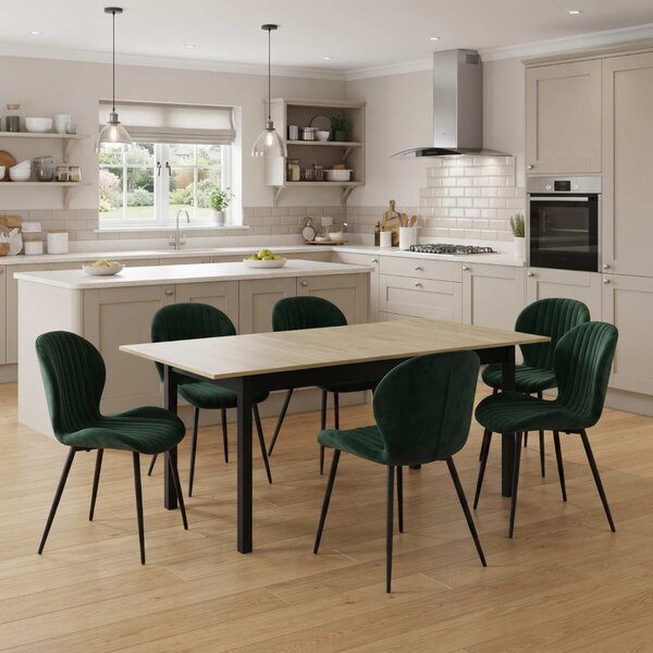 Set Masă Extensibilă Mara Stejar 130–170 × 75 cm cu 6 Scaune Opal Verde, Material Textil Catifelat, Picioare Metalice Negre