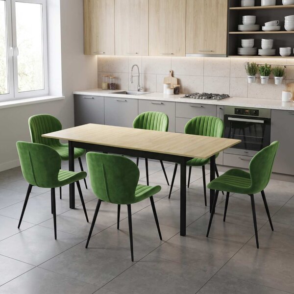Set Masă Extensibilă Mara Stejar 130–170 × 75 cm cu 6 Scaune Opal Olive, Material Textil Catifelat, Picioare Metalice Negre