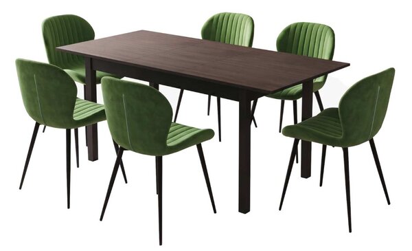 Set Masă Extensibilă Mara Wenge 130–170 × 75 cm cu 6 Scaune Opal Olive, Material Textil Catifelat, Picioare Metalice Negre
