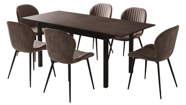 Set Masă Extensibilă Mara Wenge 130–170 × 75 cm cu 6 Scaune Opal Maro, Material Textil Catifelat, Picioare Metalice Negre