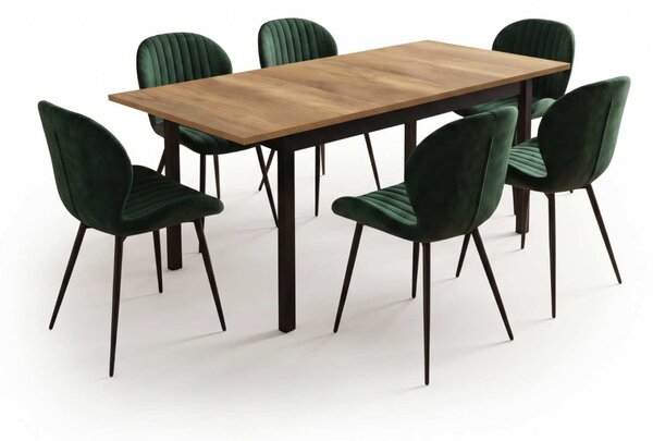 Set Masă Extensibilă Mara Nuc 130–170 × 75 cm cu 6 Scaune Opal Verde, Material Textil Catifelat, Picioare Metalice Negre