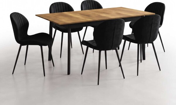 Set Masă Extensibilă Mara Nuc 130–170 × 75 cm cu 6 Scaune Opal Negru, Material Textil Catifelat, Picioare Metalice Negre
