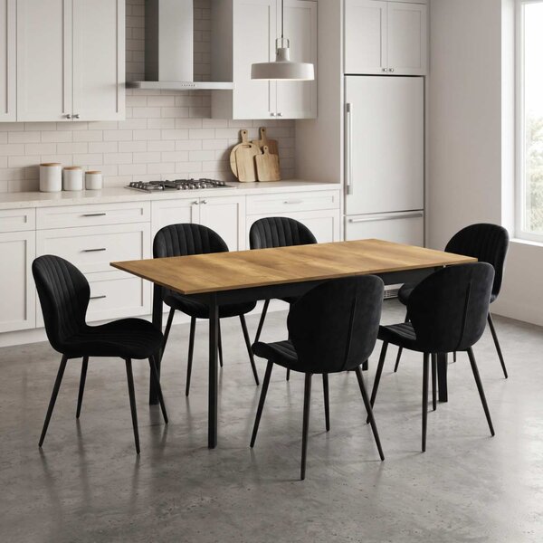 Set Masă Extensibilă Mara Nuc 130–170 × 75 cm cu 6 Scaune Opal Negru, Material Textil Catifelat, Picioare Metalice Negre