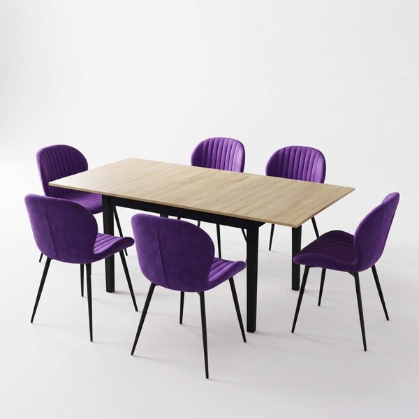 Set Masă Extensibilă Mara Stejar 130–170 × 75 cm cu 6 Scaune Opal Mov, Material Textil Catifelat, Picioare Metalice Negre