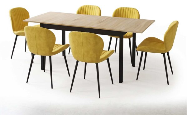 Set Masă Extensibilă Mara Stejar 130–170 × 75 cm cu 6 Scaune Opal Galben, Material Textil Catifelat, Picioare Metalice Negre