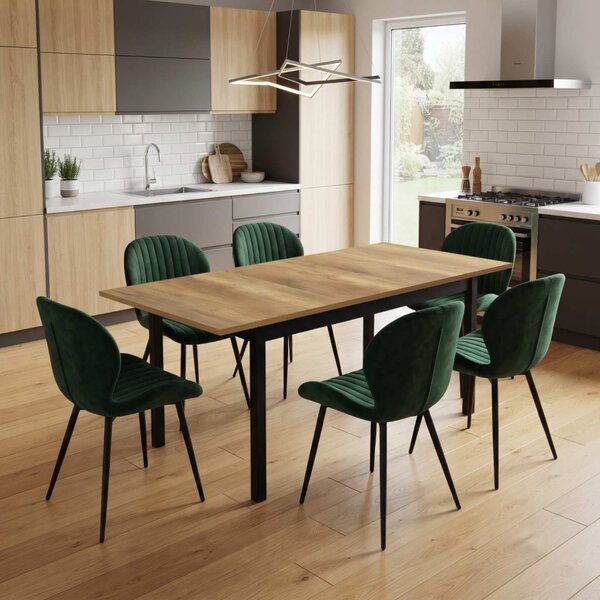 Set Masă Extensibilă Mara Nuc 130–170 × 75 cm cu 6 Scaune Opal Verde, Material Textil Catifelat, Picioare Metalice Negre