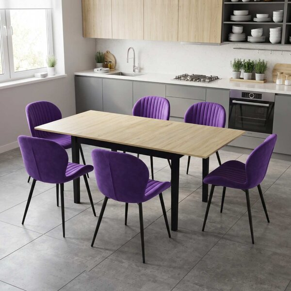 Set Masă Extensibilă Mara Stejar 130–170 × 75 cm cu 6 Scaune Opal Mov, Material Textil Catifelat, Picioare Metalice Negre