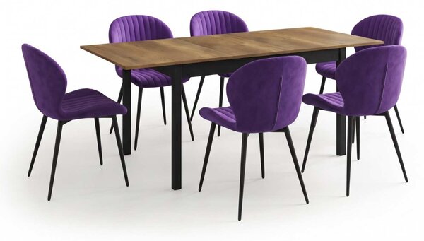Set Masă Extensibilă Mara Nuc 130–170 × 75 cm cu 6 Scaune Opal Mov, Material Textil Catifelat, Picioare Metalice Negre