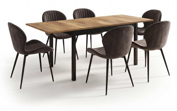 Set Masă Extensibilă Mara Nuc 130–170 × 75 cm cu 6 Scaune Opal Maro, Material Textil Catifelat, Picioare Metalice Negre