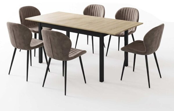 Set Masă Extensibilă Mara Stejar 130–170 × 75 cm cu 6 Scaune Opal Cappuccino Închis, Material Textil Catifelat, Picioare Metalice Negre